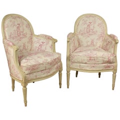 Pair of Louis XVI Armchairs with Antique Toile de Jouy, Attributed to JC Briois