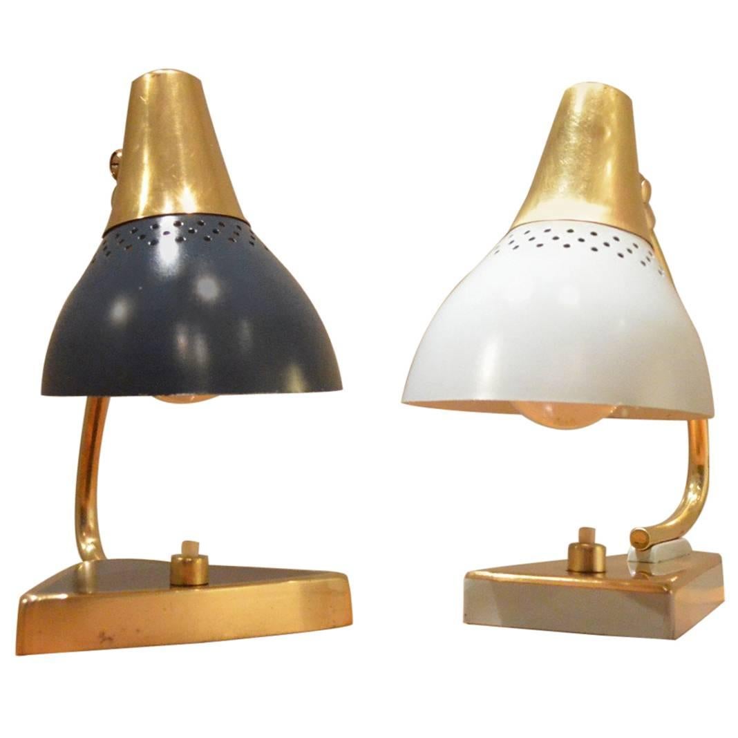 Pair of Midcentury Design Painted Metal and Brass Bedside Table Lamps