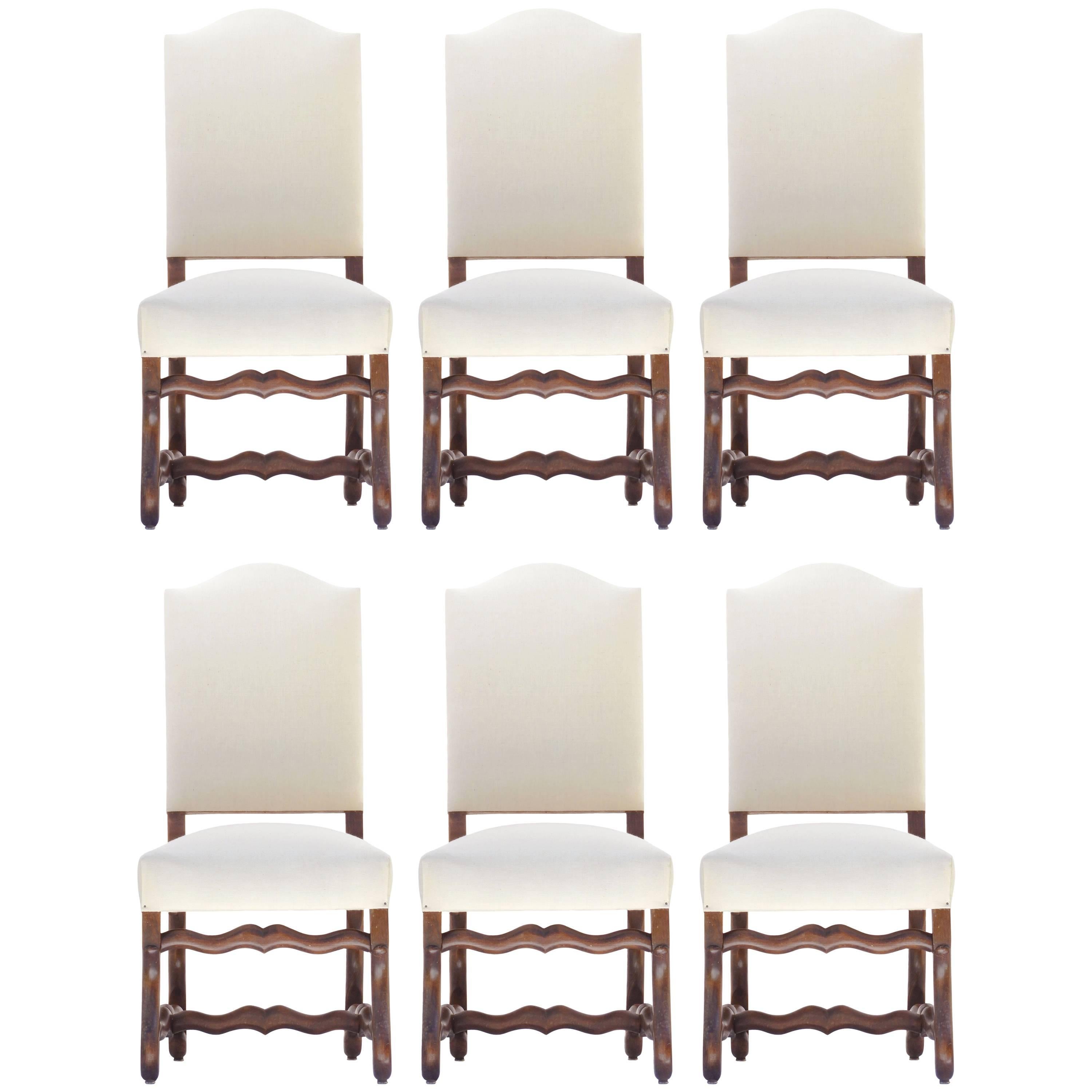 Six French Dining Chairs Os de Mouton Upholstered to Antique Metis or Recover