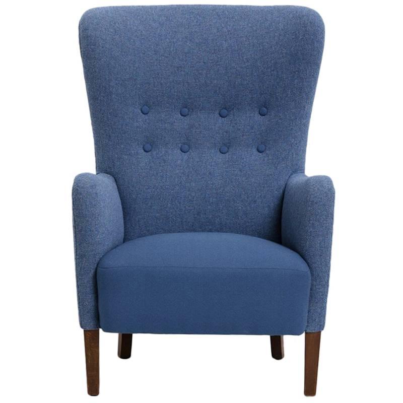 Danish Produced Wingback Chair, 1940s, Blue Wool Upholstery by Kvadrat For Sale