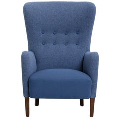 Danish Produced Wingback Chair, 1940s, Blue Wool Upholstery by Kvadrat