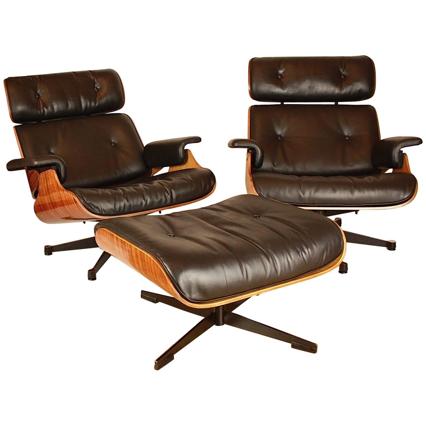 Pair of Ray and Charles Eames Style Lounge Chair with One Ottoman