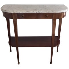 Vintage Mahogany & Brass Neoclassical Console Table with White Marble Top, Signed Brault