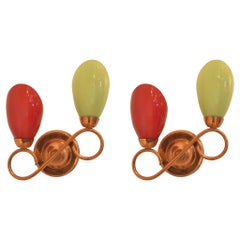 Pair of Midcentury Multicolor Red & Green Glass & Curvy Copper Wall Sconces