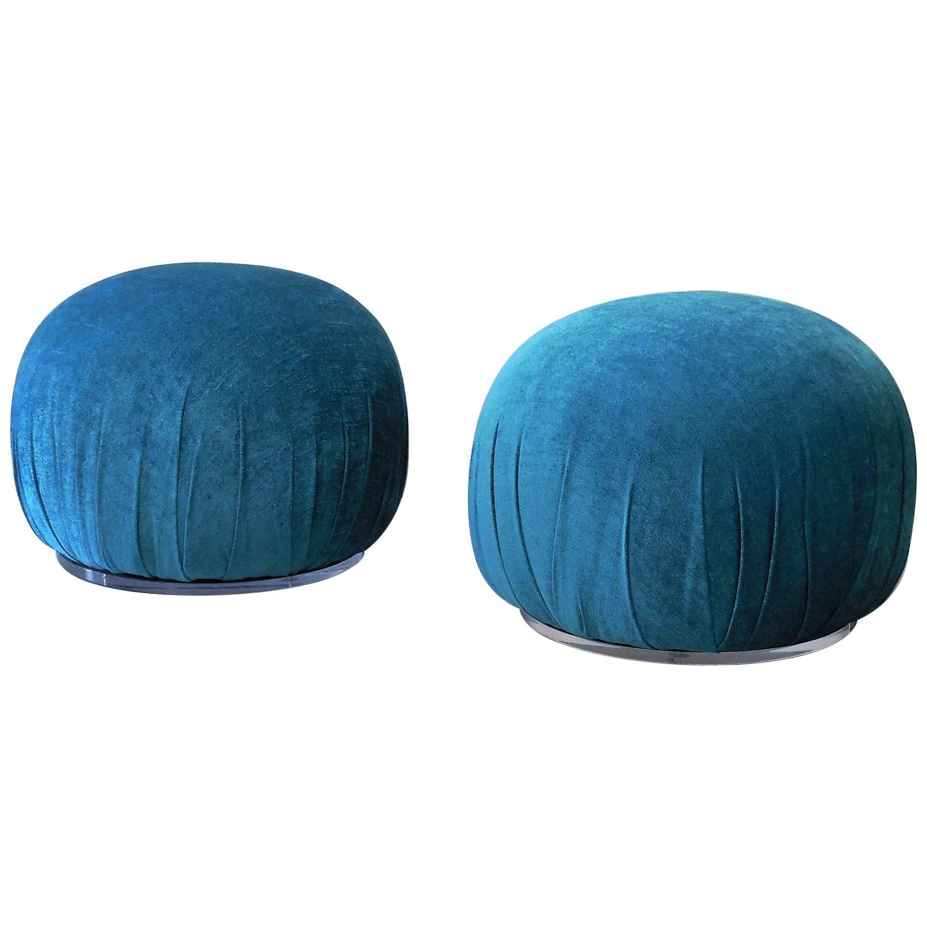 Pair of Turquoise Pouf Ottomans with Lucite Bases, 1980s