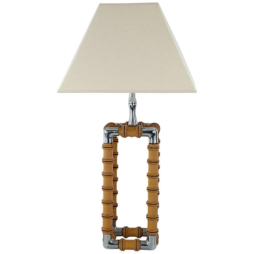 Midcentury Faux Bamboo French Table Lamp with Fabric Shade