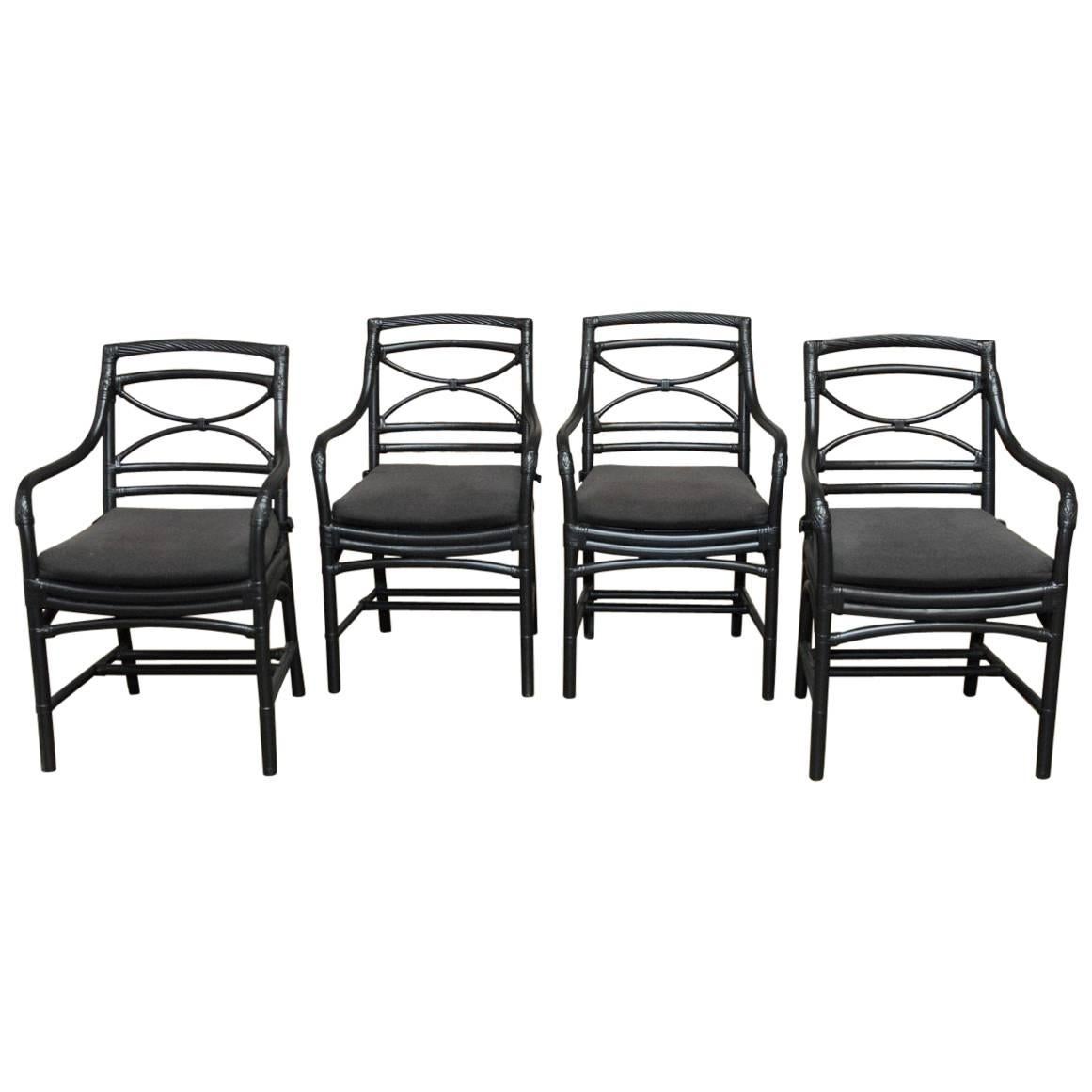 Set of Four McGuire Style Black Lacquer Bamboo Armchairs