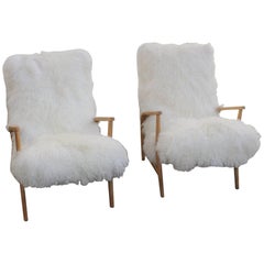 Beautiful Pair of Italian Armchairs Reupholstered Tibet Lamb Fur, circa 1960