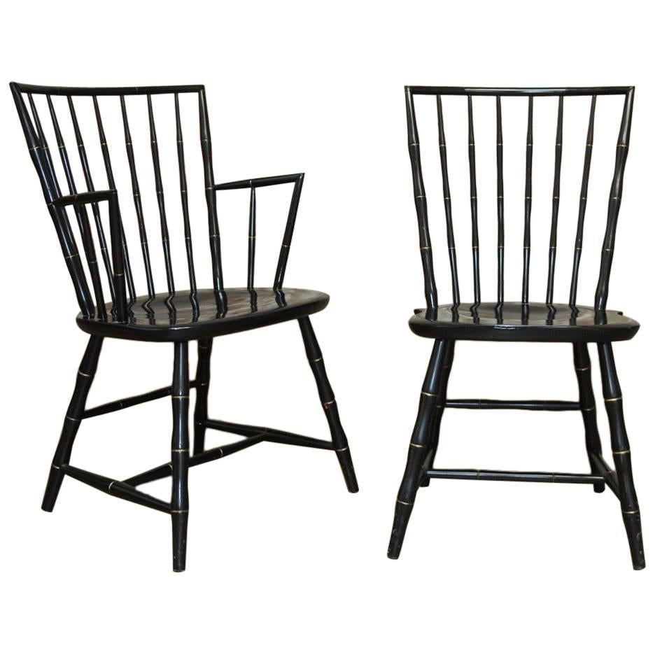 Pair of Black Lacquer Faux Bamboo Windsor Chairs by Nichols and Stone