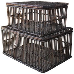 Vintage Pair of Willow and Rattan Pigeon Crate Storage Baskets