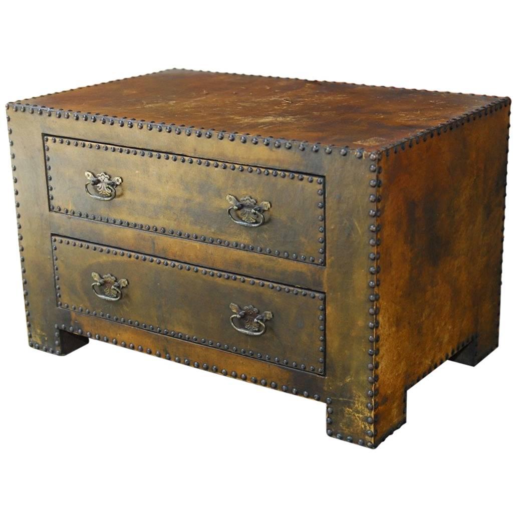 Diminutive Leather Clad Tabletop Chest of Drawers or Trunk