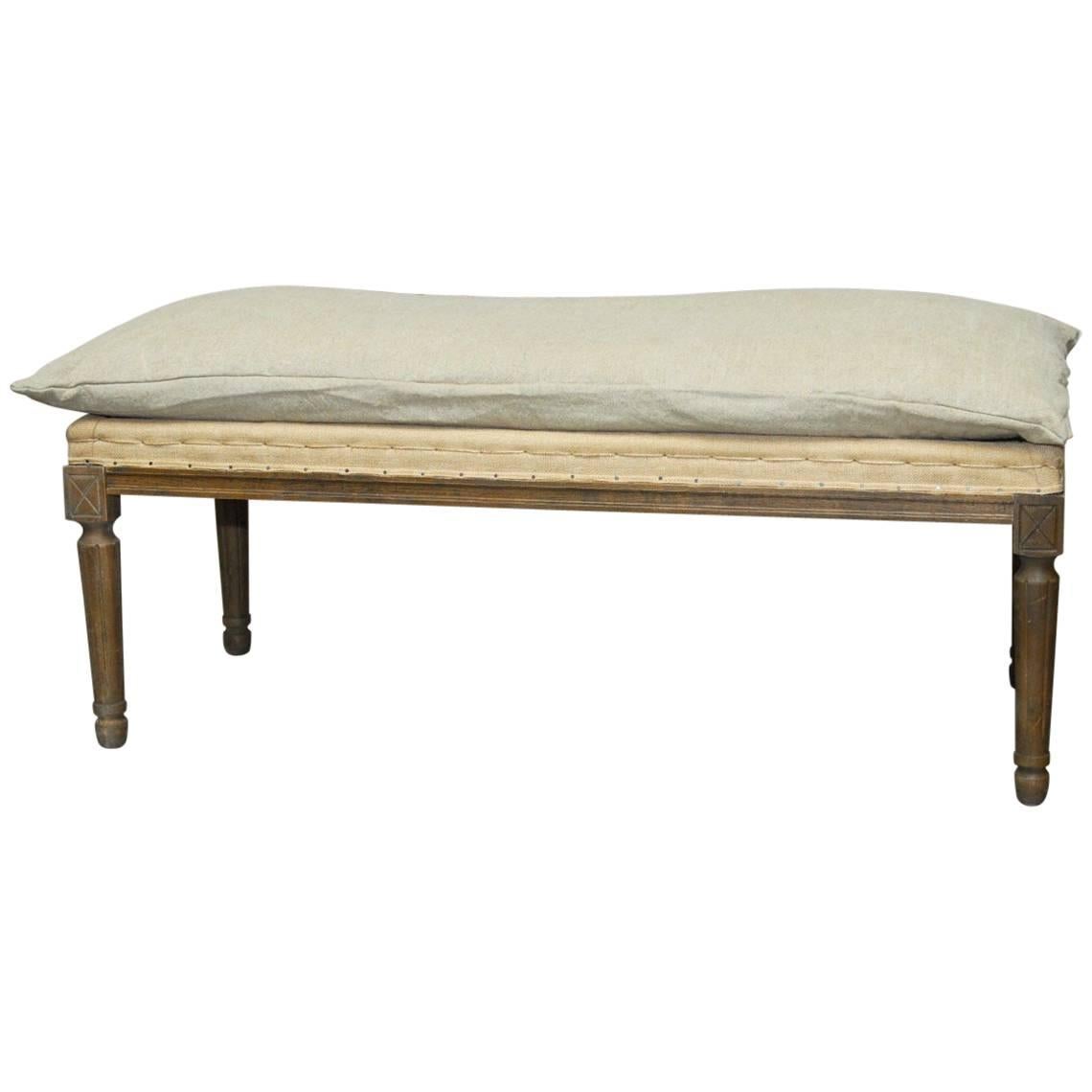 Louis XVI Style Oak Bench with Burlap and Linen Upholstery