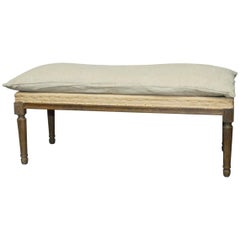 Vintage Louis XVI Style Oak Bench with Burlap and Linen Upholstery