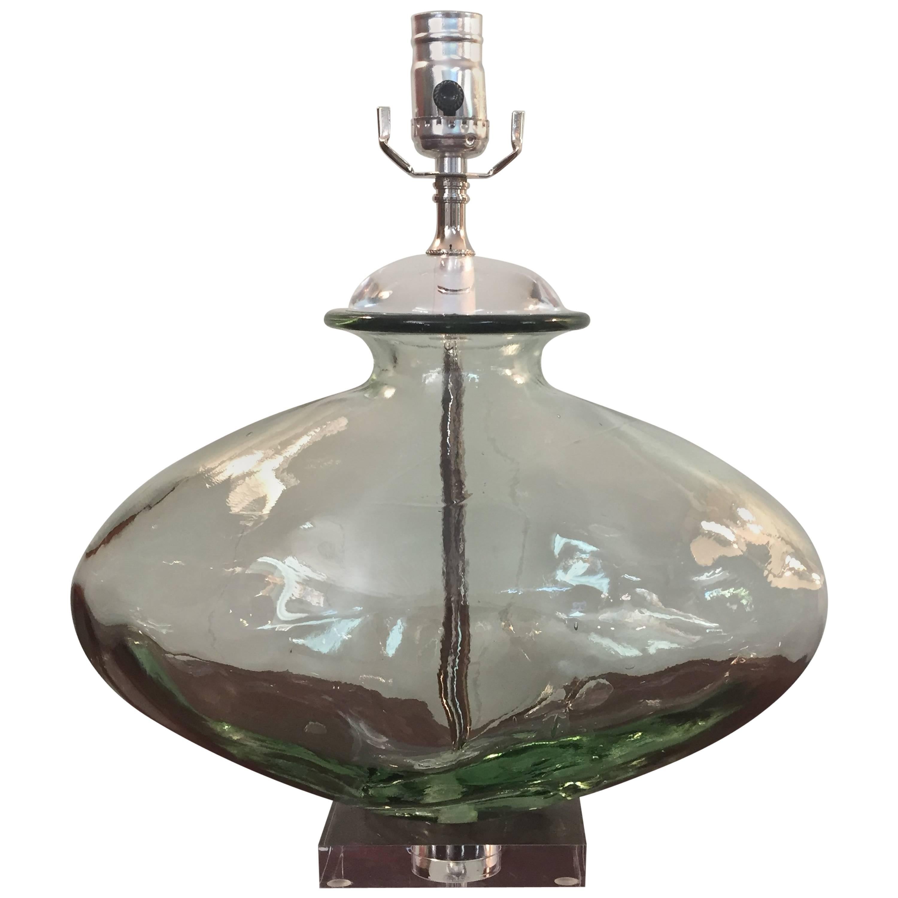 1970s Pale Green Blown Glass Lamp with Lucite Base