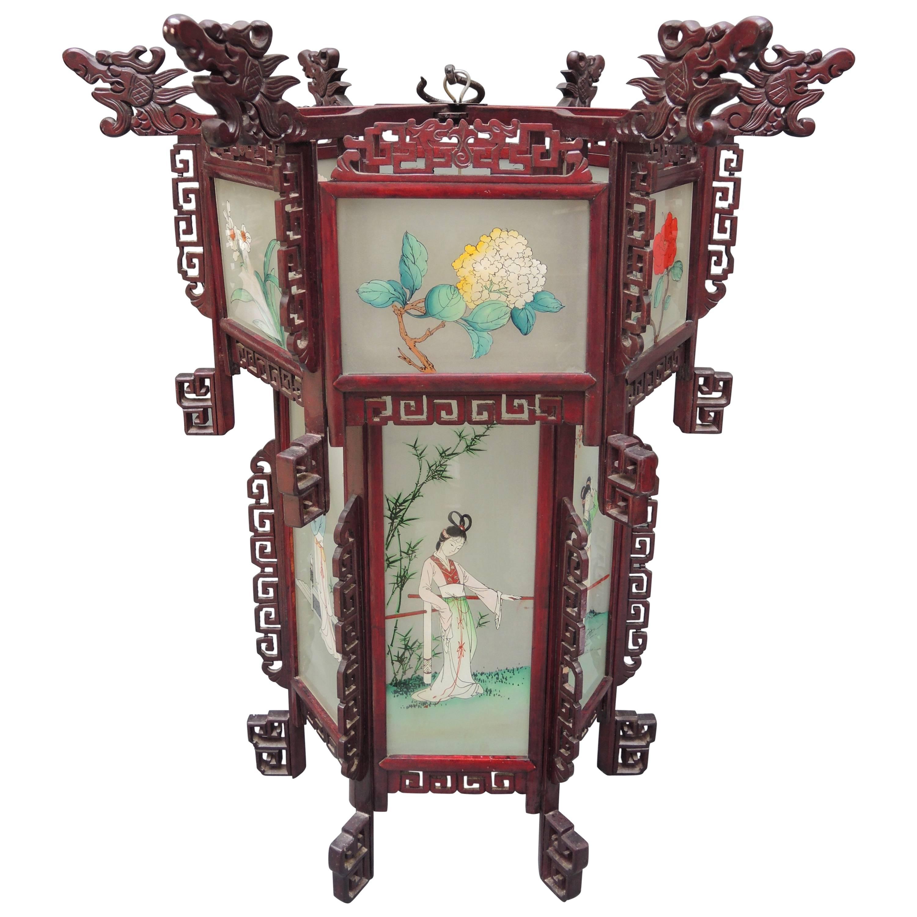 Large Vintage Chinese Lantern with Reverse Painted Glass Panels, circa 1940 For Sale