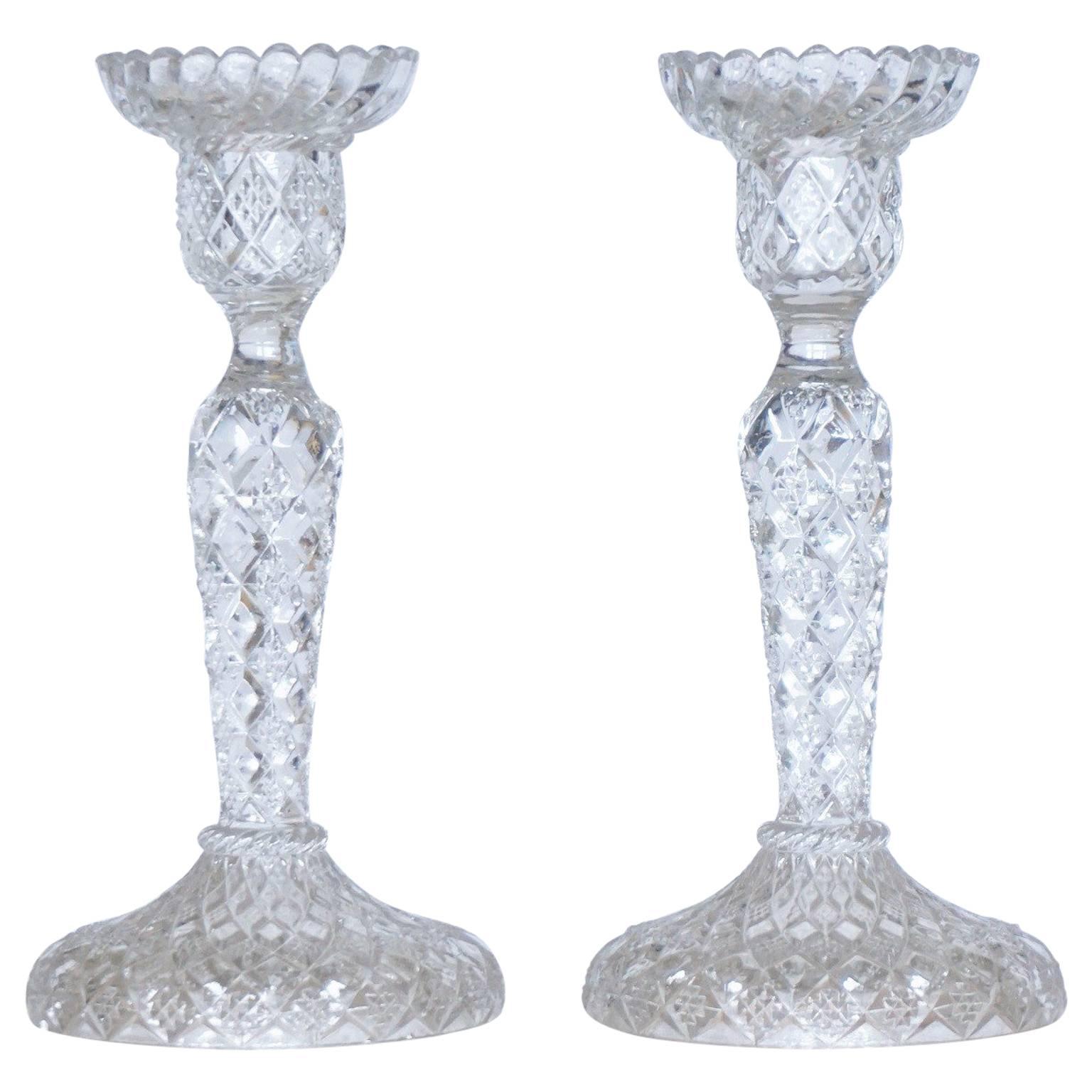 Antique German Pair of Meisenthal Crystal Candlesticks Candleholders, circa 1907
