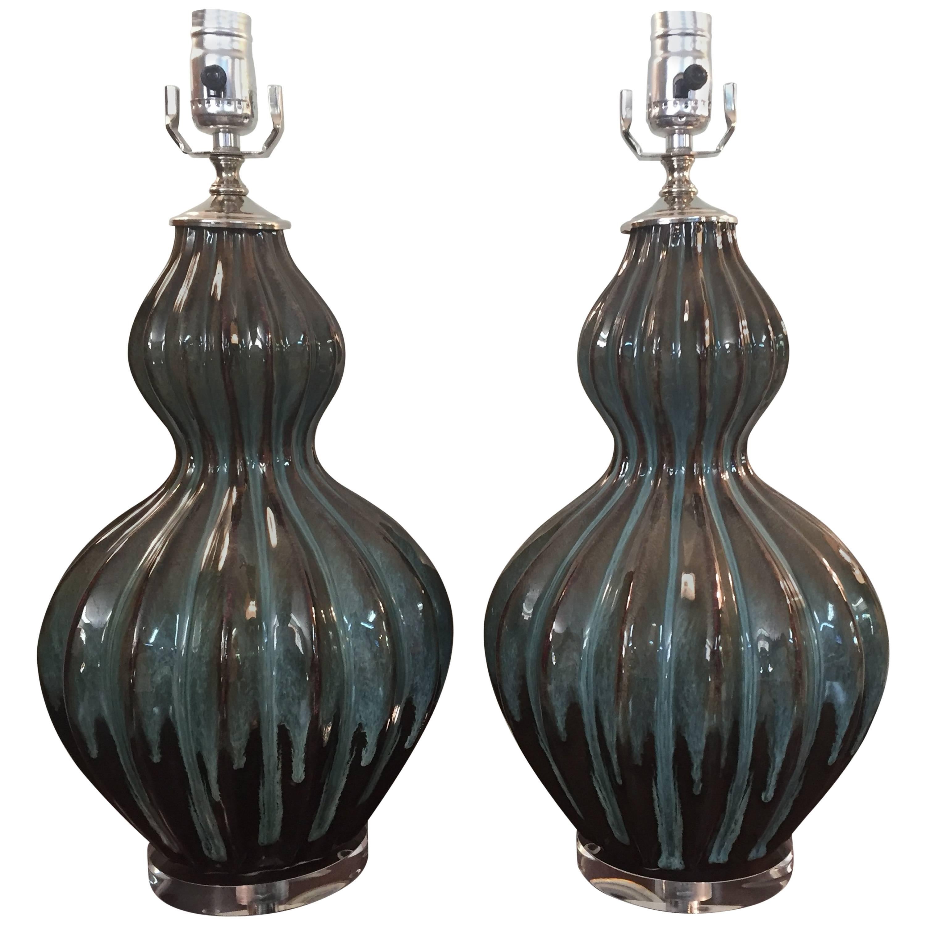 1960s Italian Turquoise and Brown Ceramic Gourd Lamps with Lucite Base, Pair