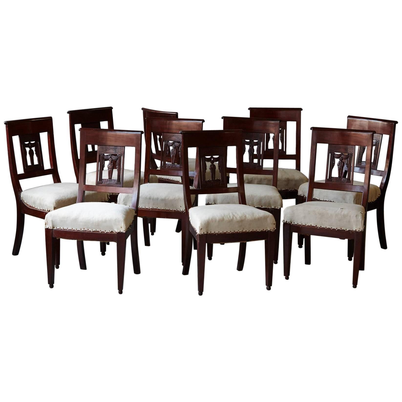 Set of Ten Antique Mahogany Dining Chairs with Detailed Back Carvings