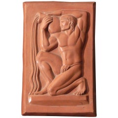 "Waterpourer," Dramatic and Beautiful Art Deco Bas Relief Plaque with Male Nude
