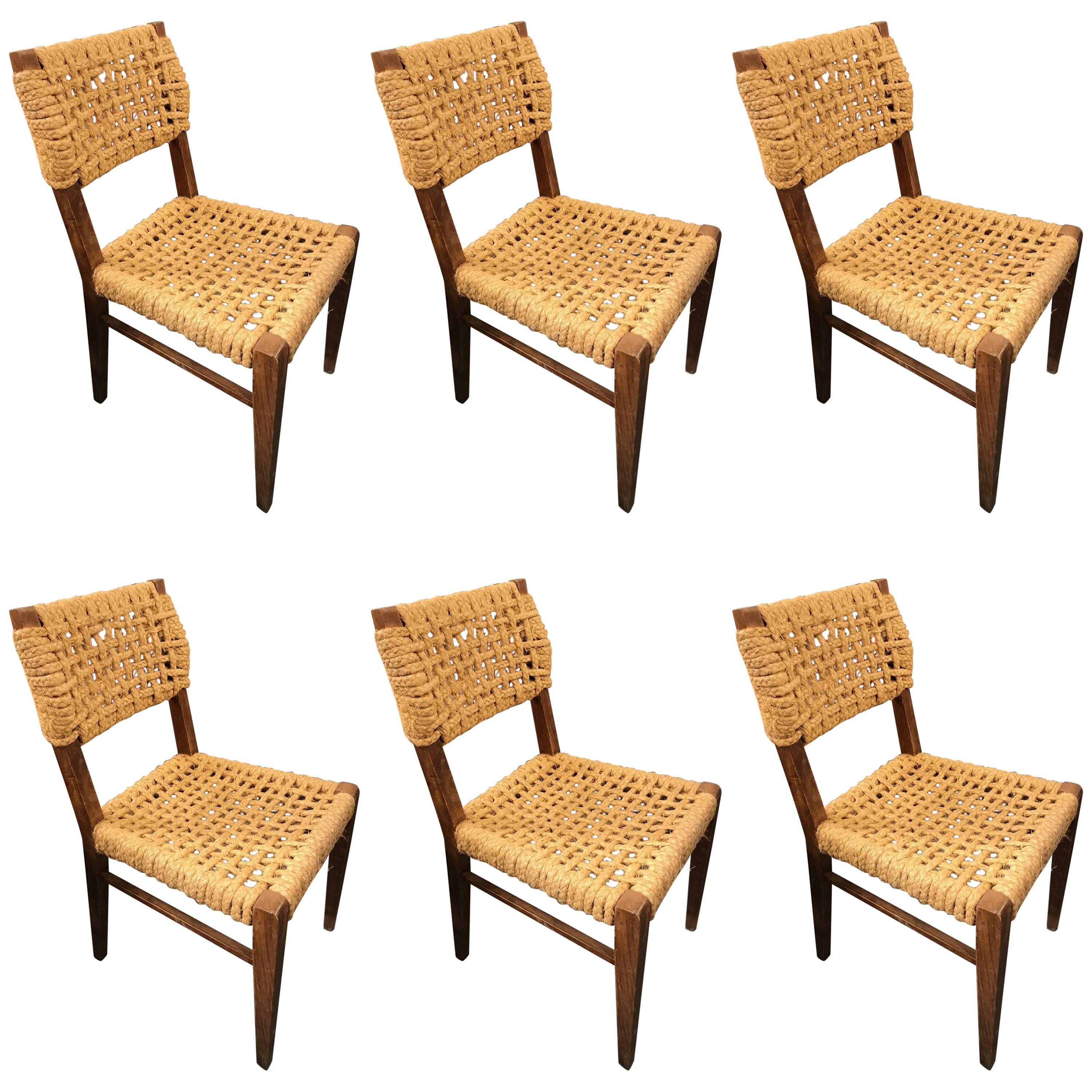 Fantastic Set of Six Audoux Minet Chairs, circa 1960 For Sale