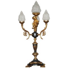 Empire Style Gilt and Patinated Bronze Table Lamp with Putto, Flame Glass Shades