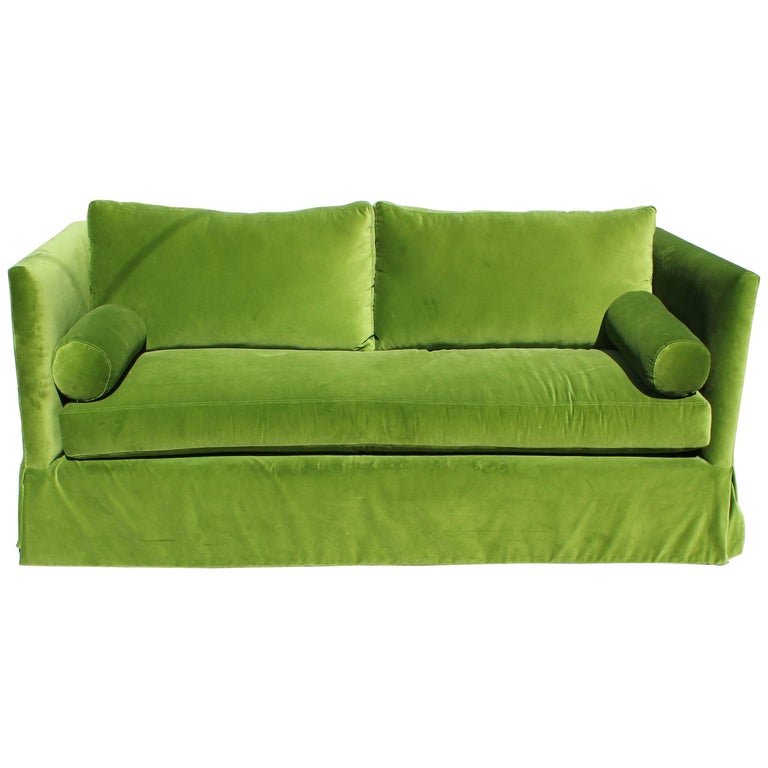 Custom Modern Even Armed Skirted Green Velvet High Back Sofa at 1stDibs