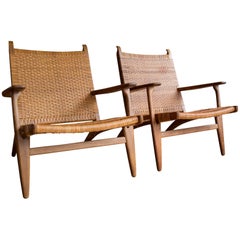 Retro Model CH-27 Oak and Cane Lounge Chairs by Hans J. Wegner