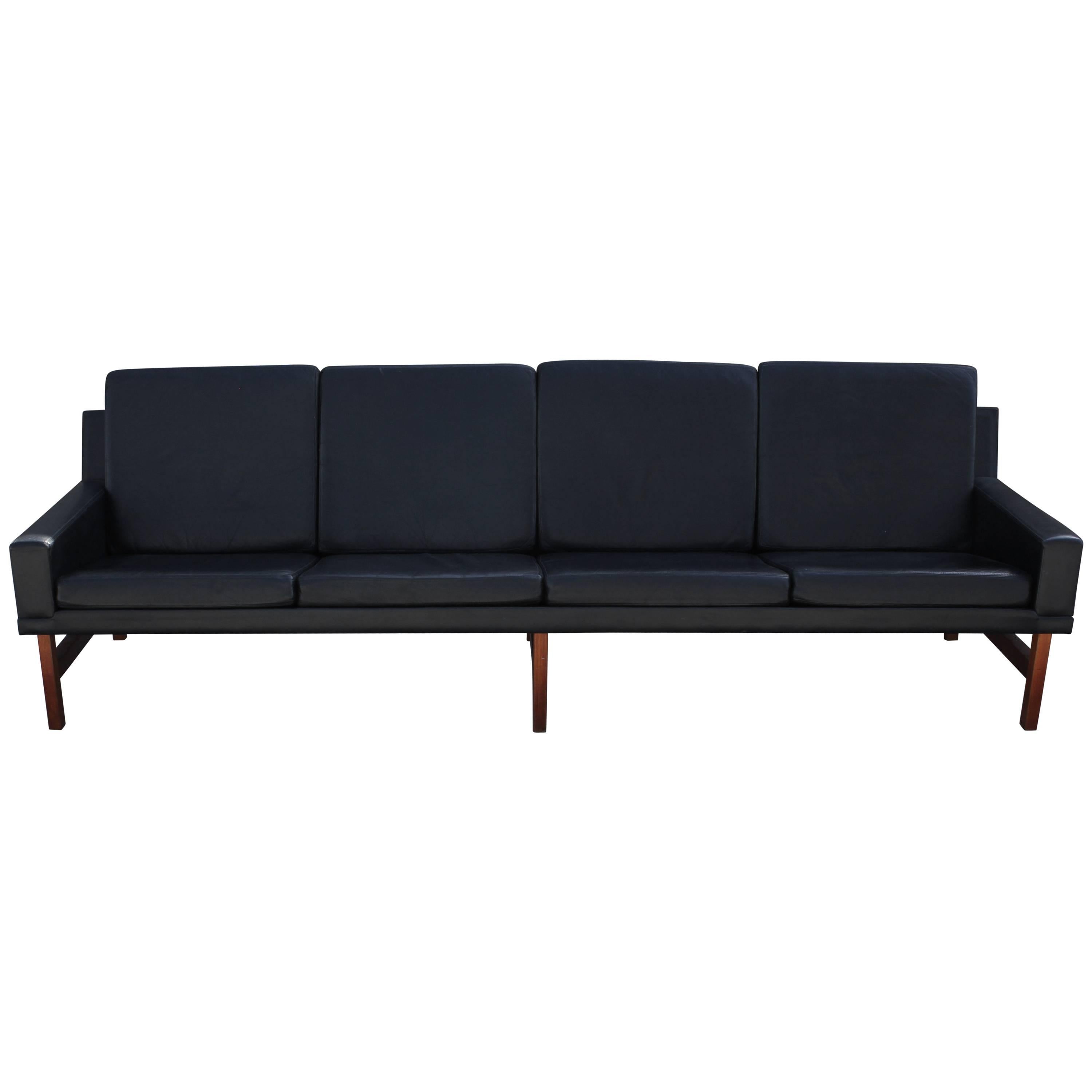 Ultra Modern Danish Black Leather Sofa with Teak Legs Hans Wegner Style