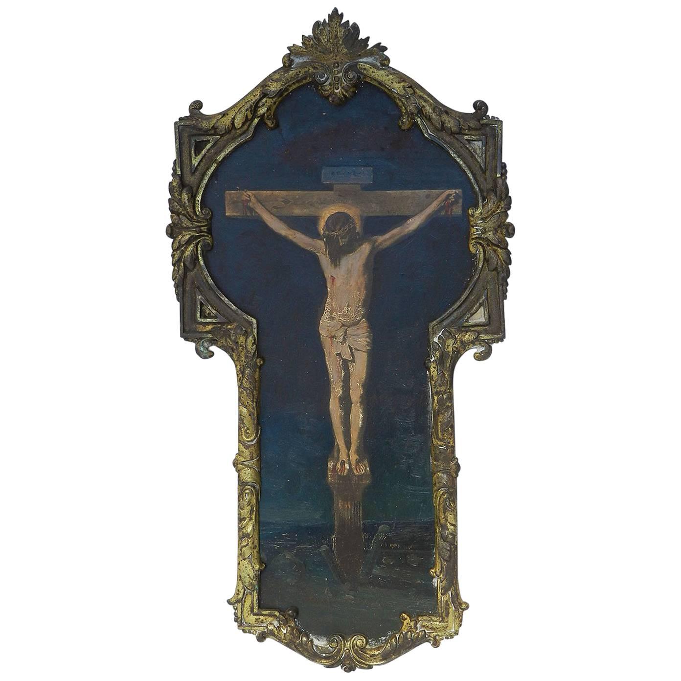 French Painting of Crucifixion Oil on Board Jesus on the Cross, circa 1890-1900
