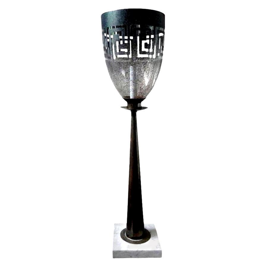 Parzinger Style Brass, Glass and Marble Greek Key Table Lamp For Sale