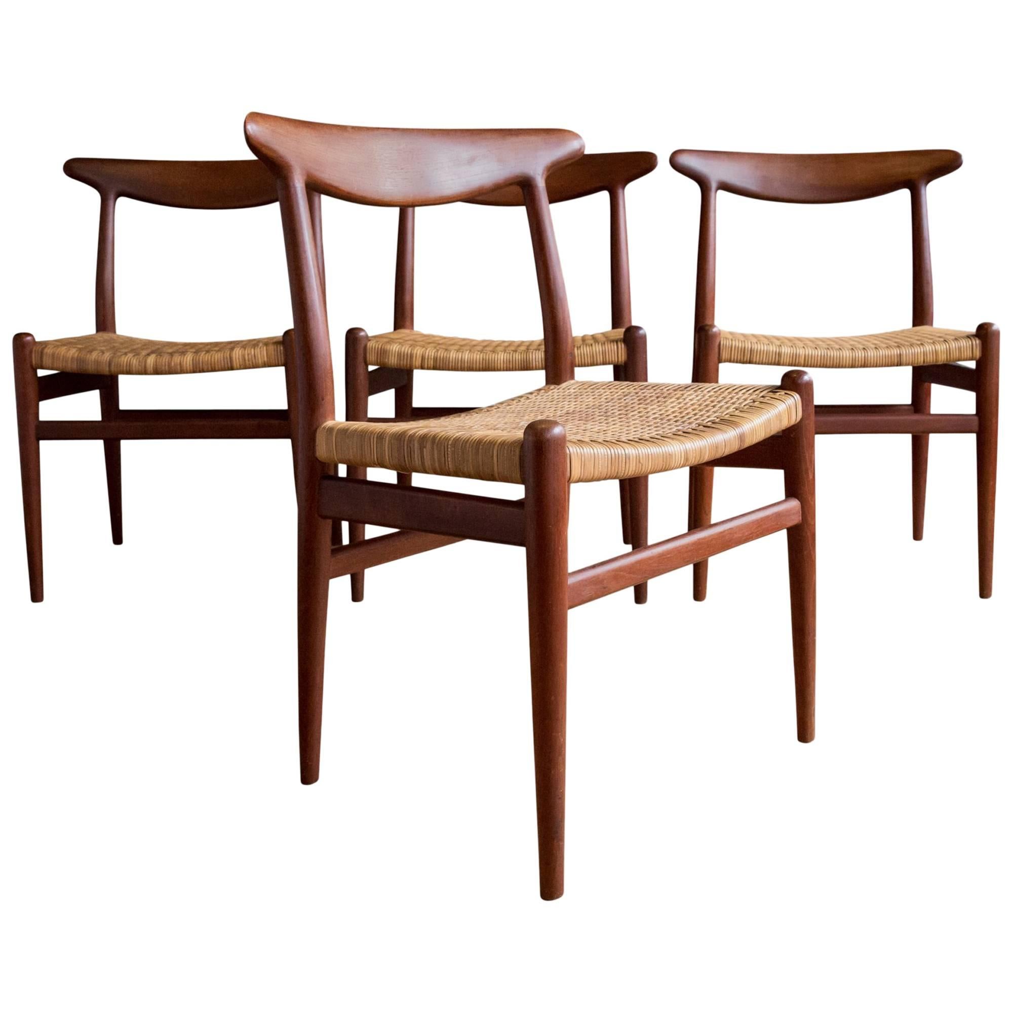Set of Four Hans Wegner "W2" Teak and Cane Dining Chairs