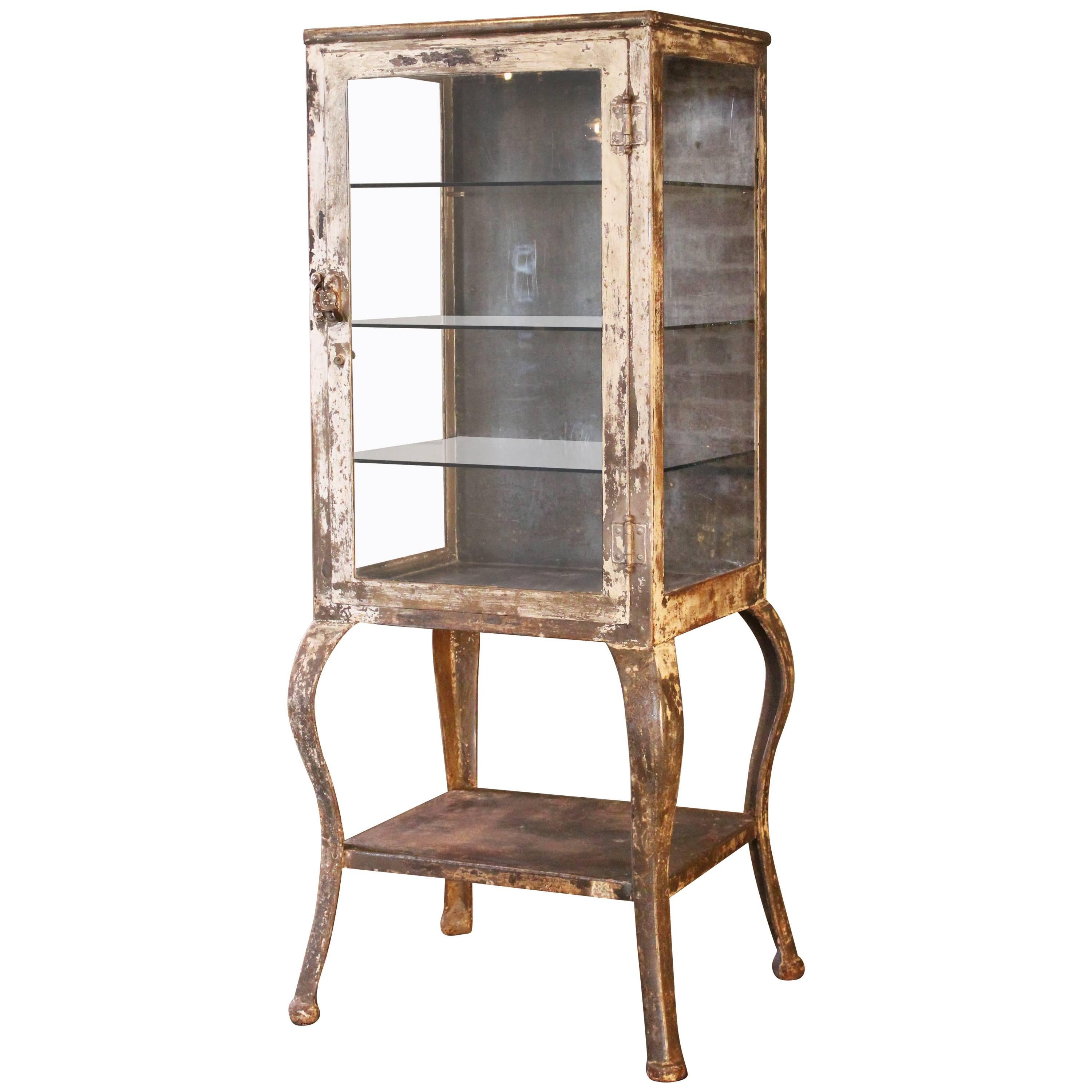 Antique Medical Cabinet with Cabriole Legs, Steel and Glass Apothecary