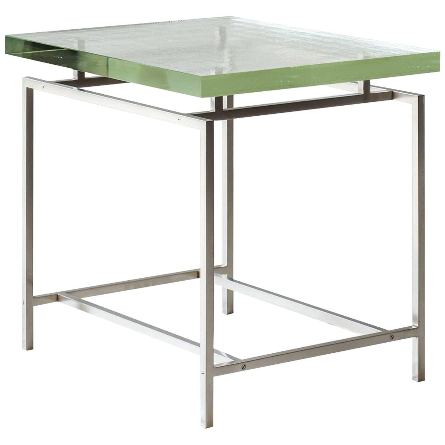 Frazier Side Table with Thick Borosilicate Glass Top and Nickel Base For Sale