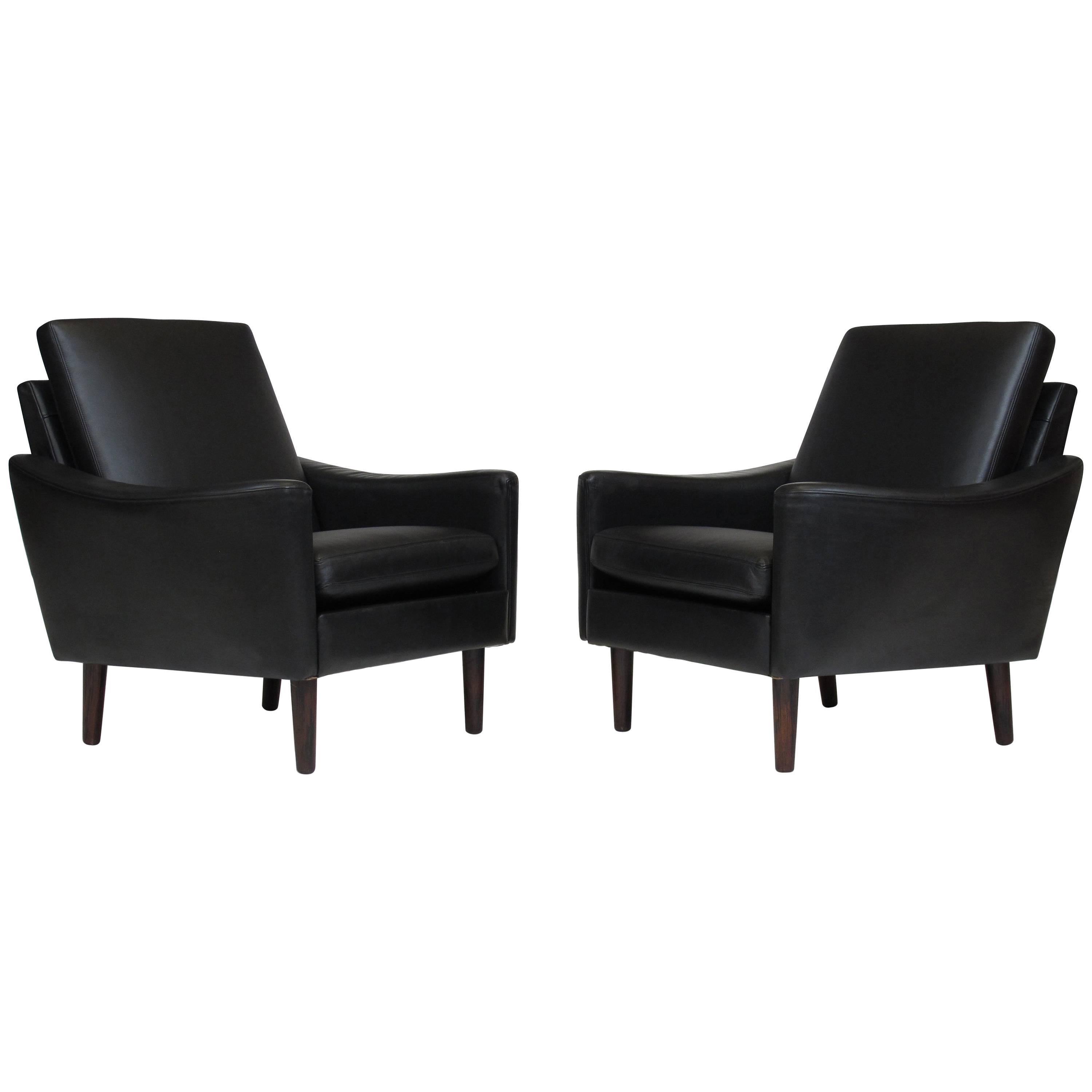 Pair of Danish Black Leather Lounge Chairs