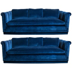 Pair of Channel Tufted Sofas in Sapphire Velvet