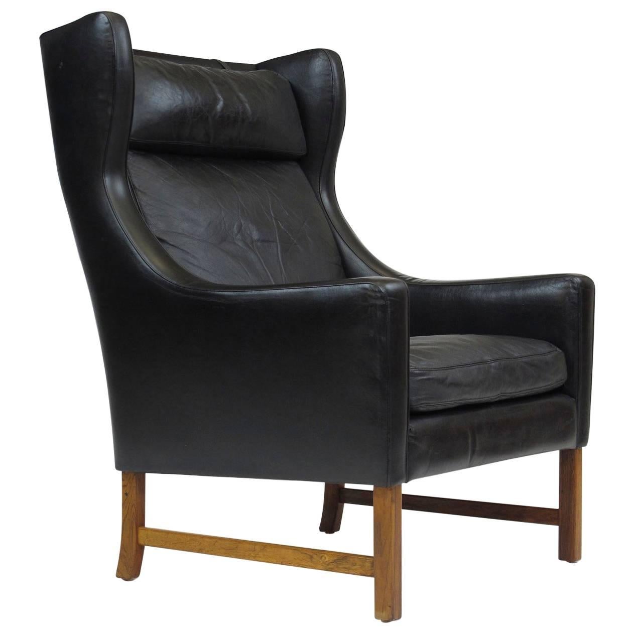 Fredrik Kayser Rosewood and Black Leather High-Back Danish Lounge Chair