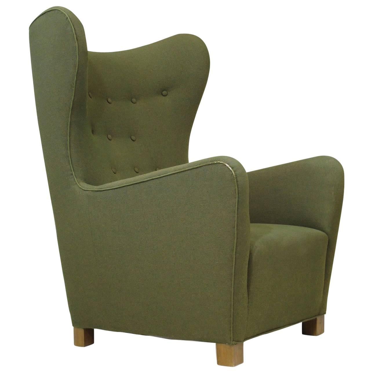 1942 Fritz Hansen Model 1672 Wing Back Chair in the Original Green Wool Fabric