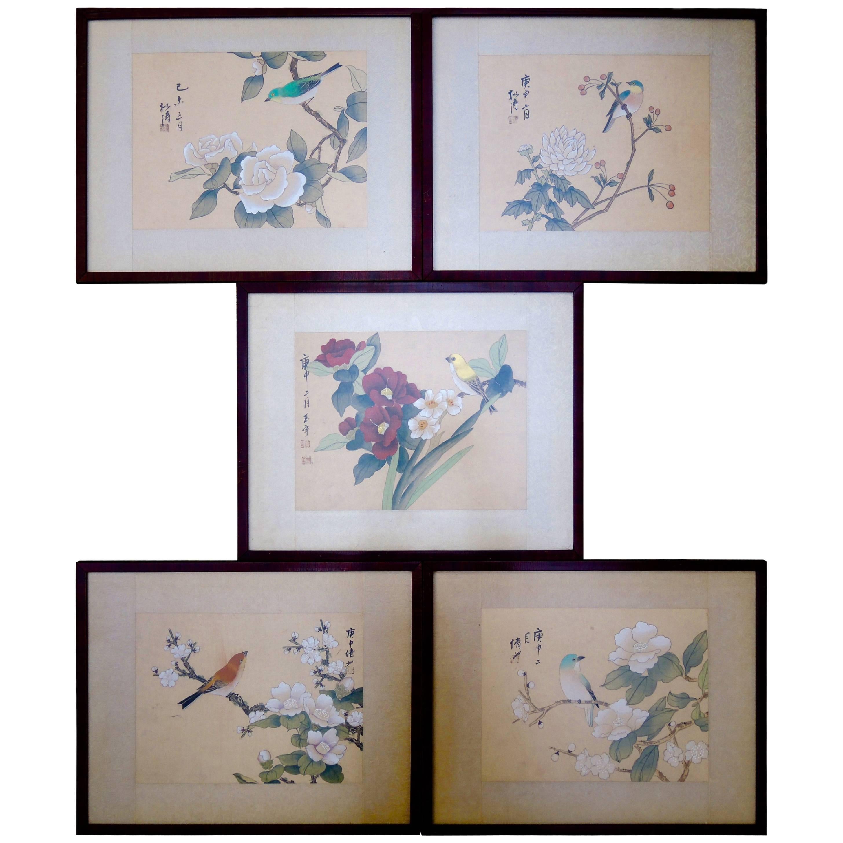 Five Vintage Chinoiserie Style Chinese Paintings of Birds and Flowers on Silk