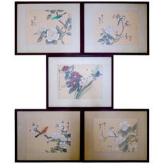 Five Vintage Chinoiserie Style Chinese Paintings of Birds and Flowers on Silk