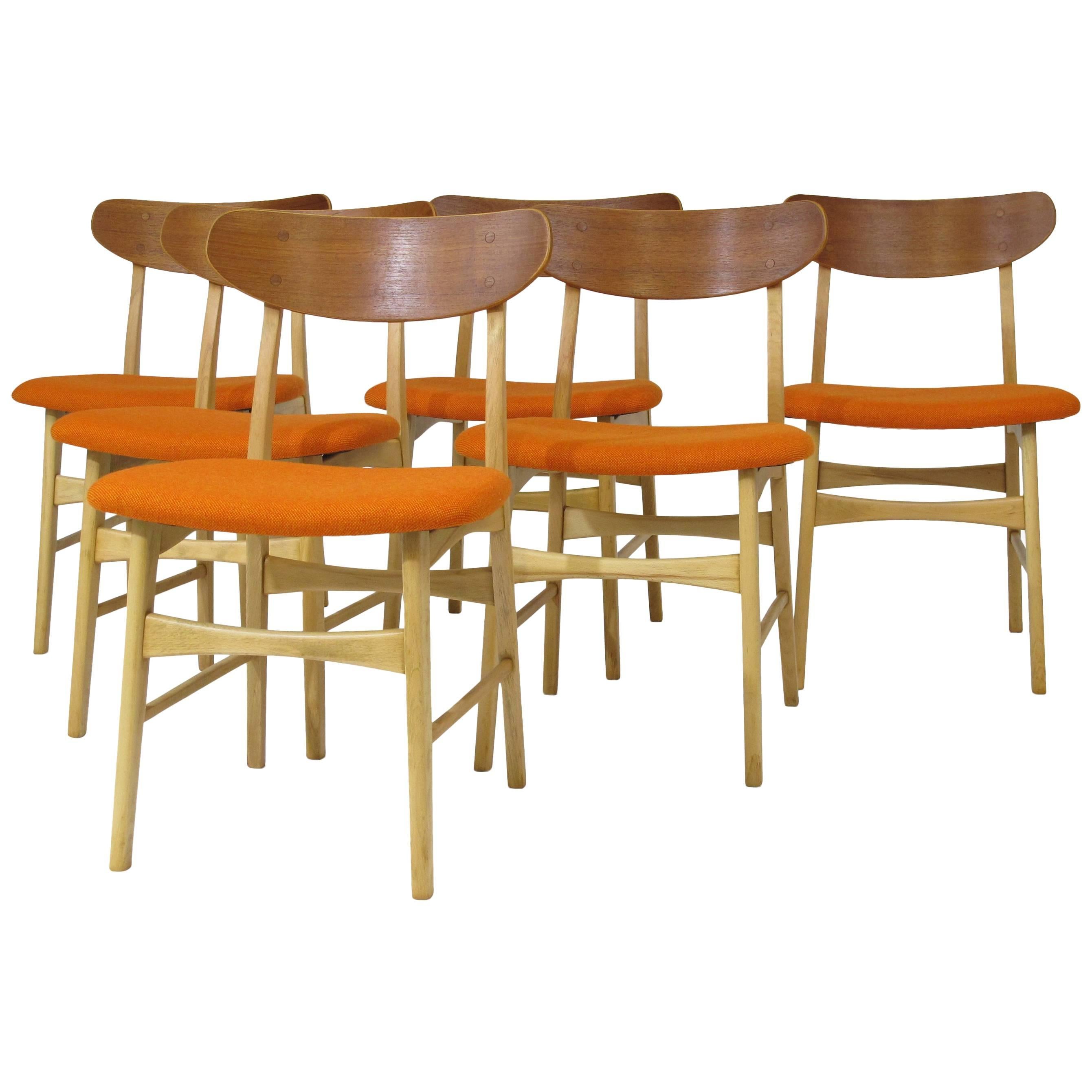 Basic Danish Teak and Beech Dining Chairs with New Orange Seats
