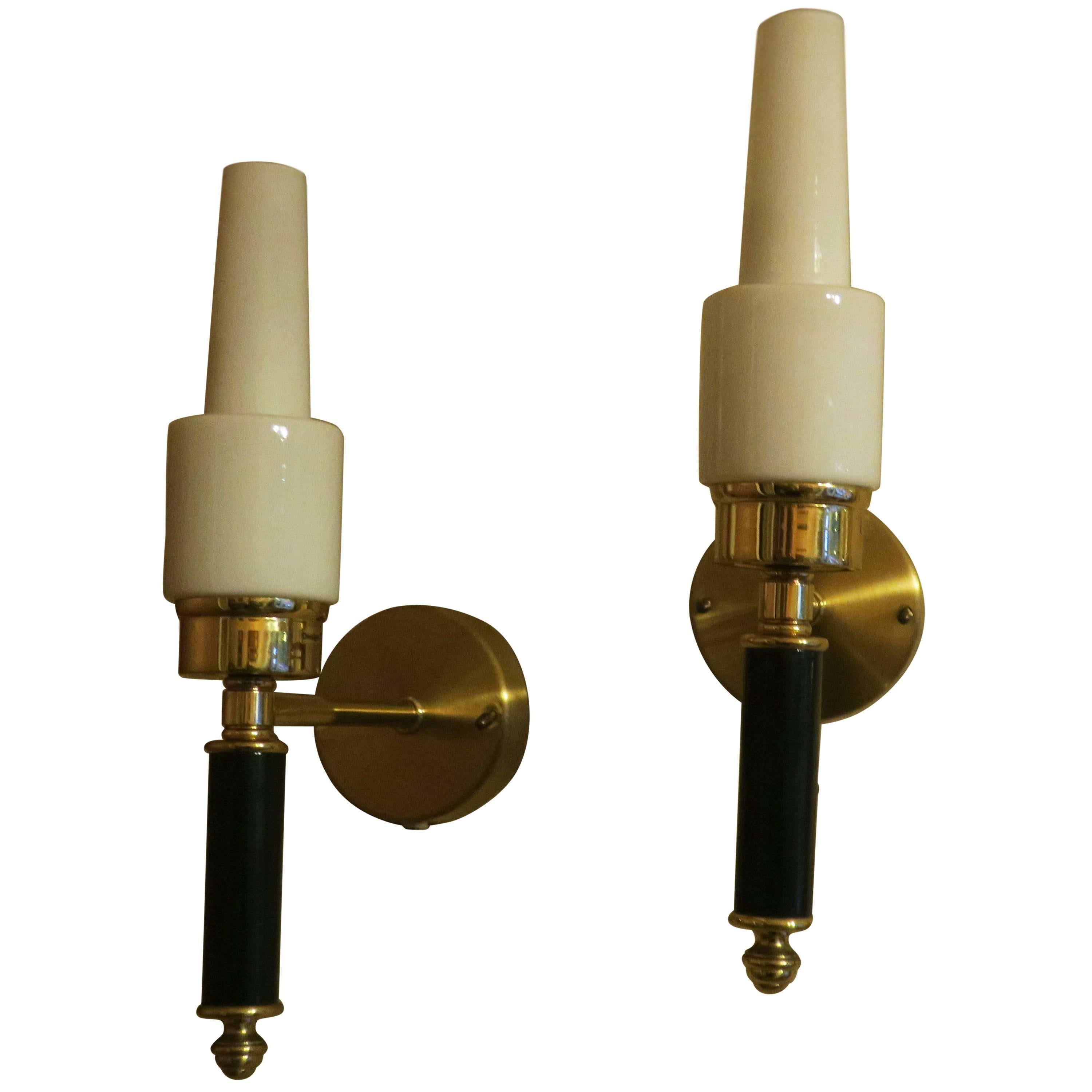 Pair of Swedish C E Fors for EWA Värnamo Brass and Milk Glass Sconces For Sale