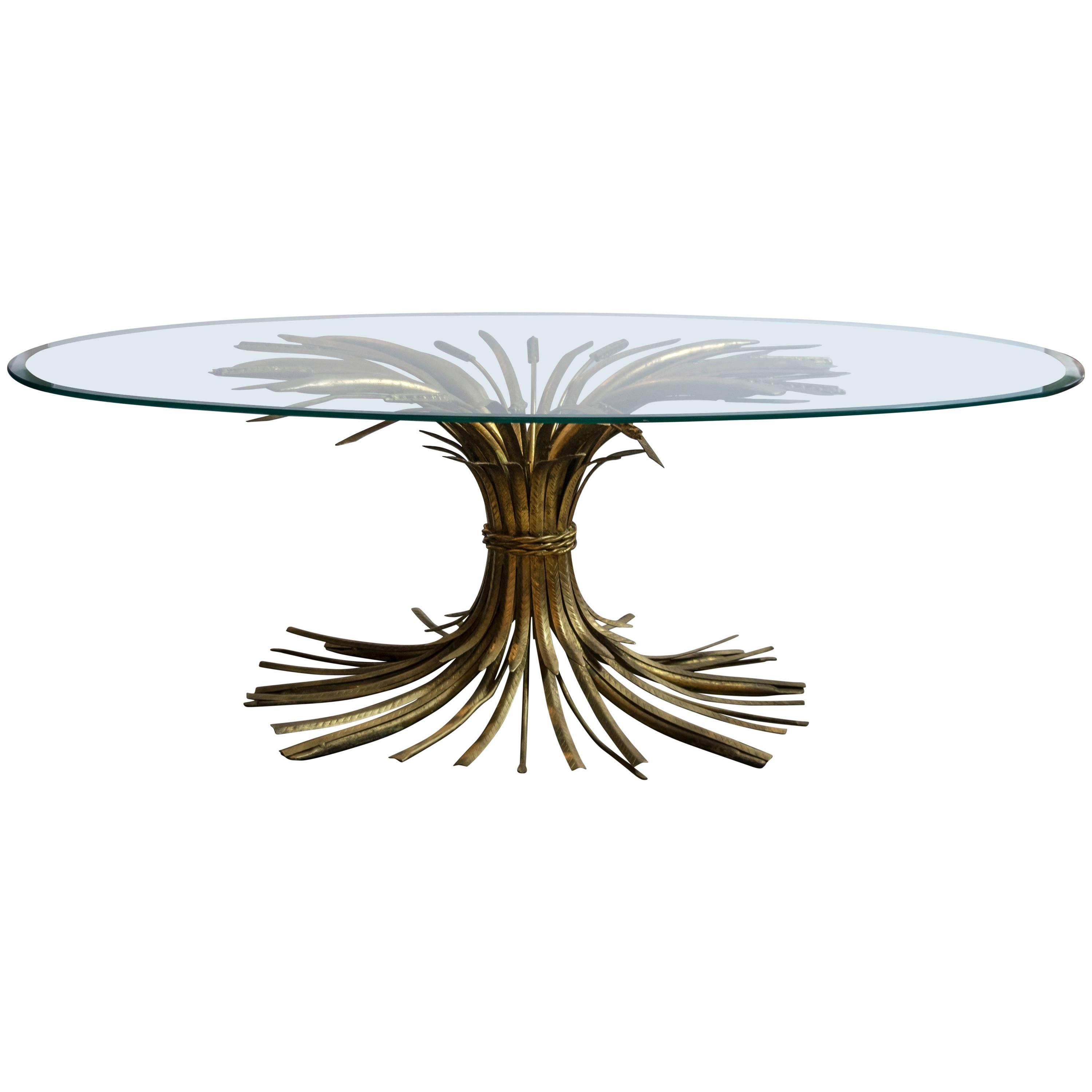 Brass Hollywood Regency Wheat Sheaf Oval Coffee Table