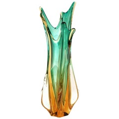 Splash Vase in Teal, Clear and Orange Murano Glass