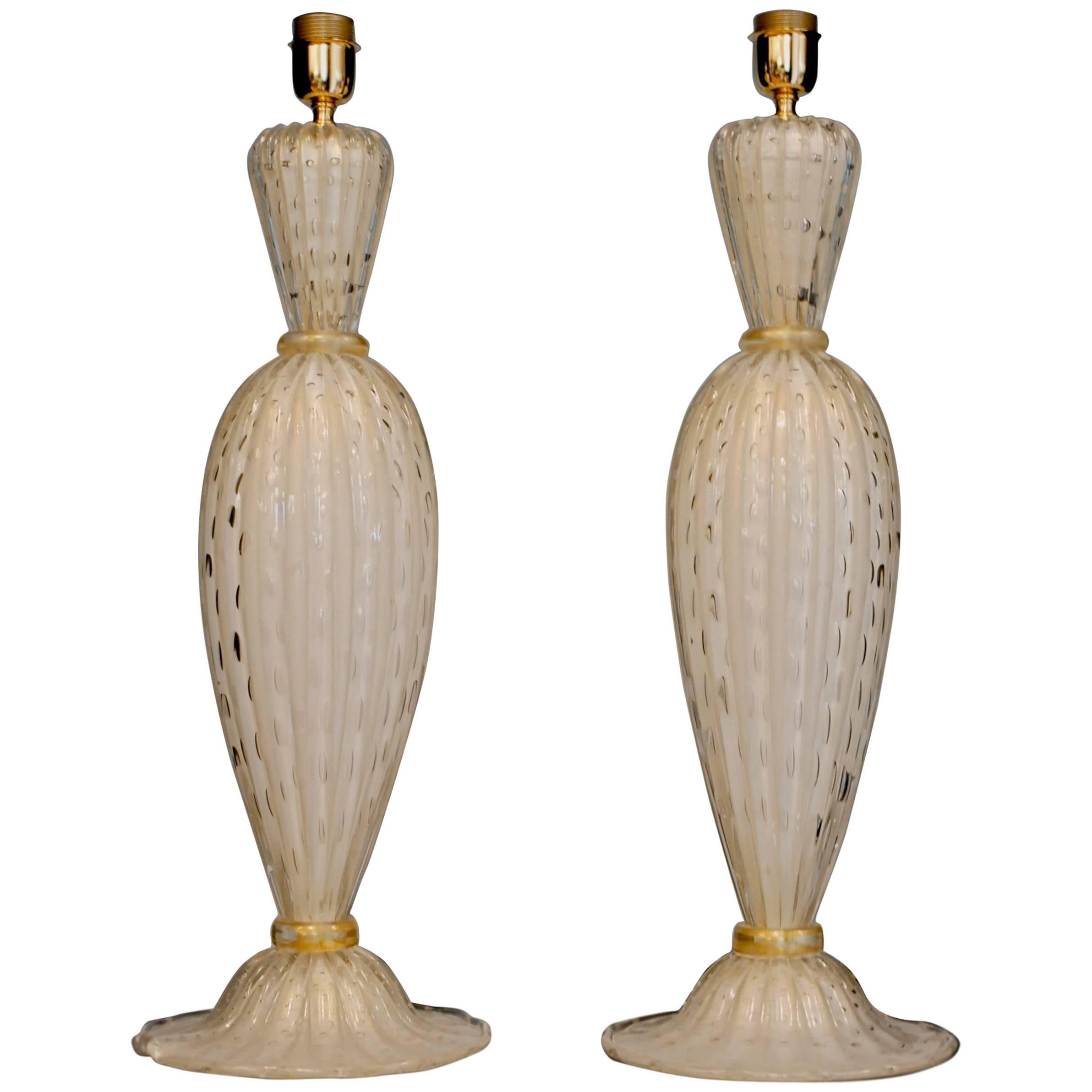 Alberto Dona Pair of White Ivory Table Lamps, Rigadin Balloton with Gold Leaf