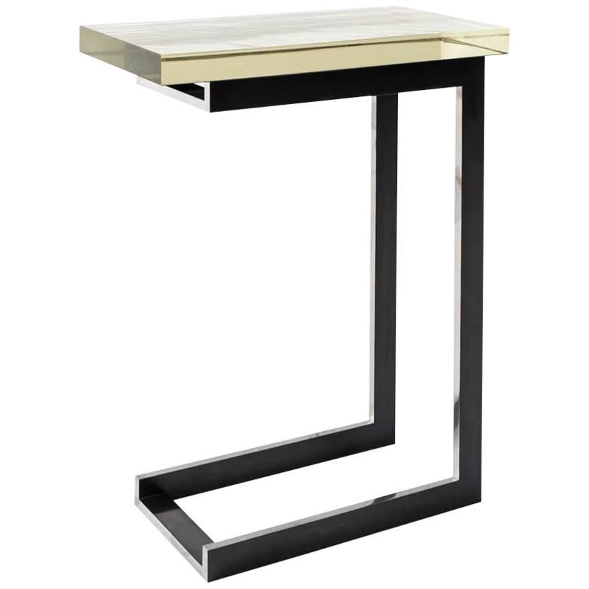 Holyfield Side or End Table with Nickel Base and Straw Marquetry Top