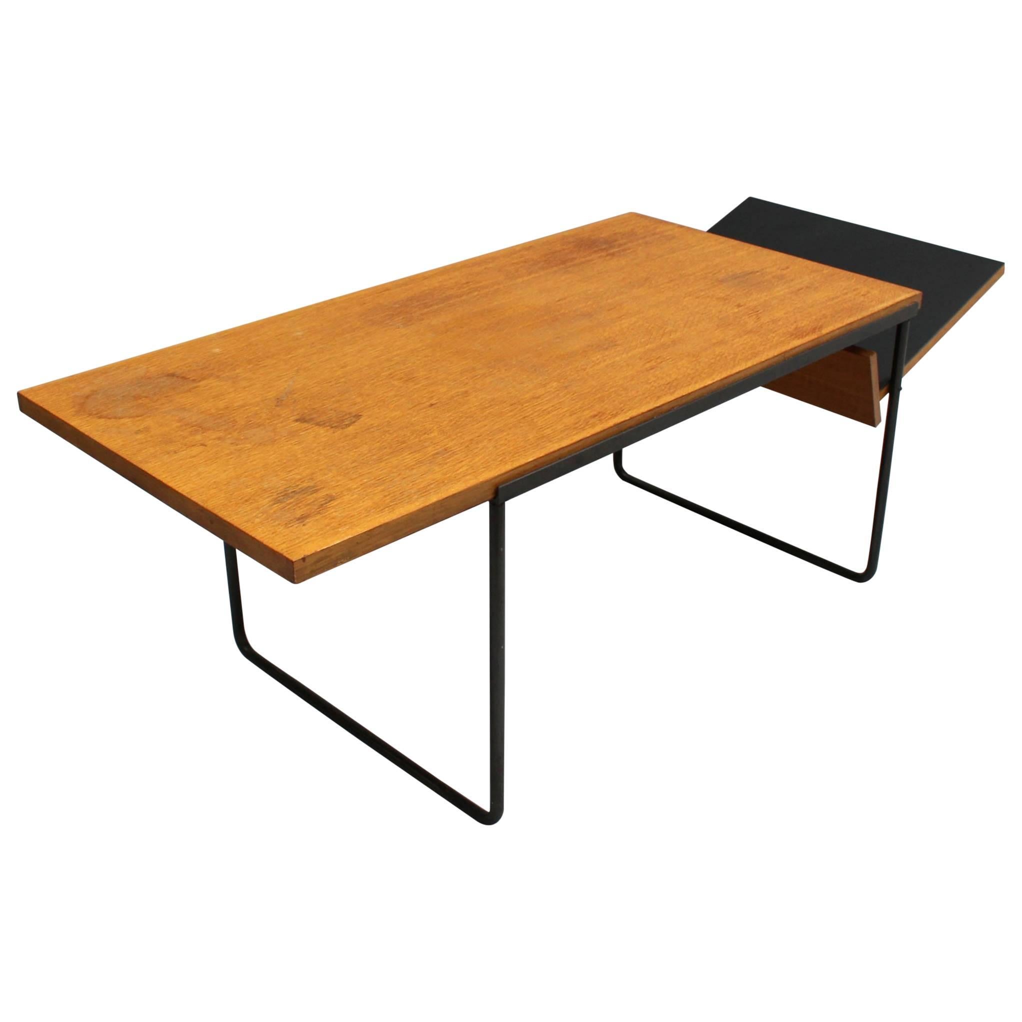 A Fine French Mid-Century Oak and Laminate Coffee Table with a Metal Base