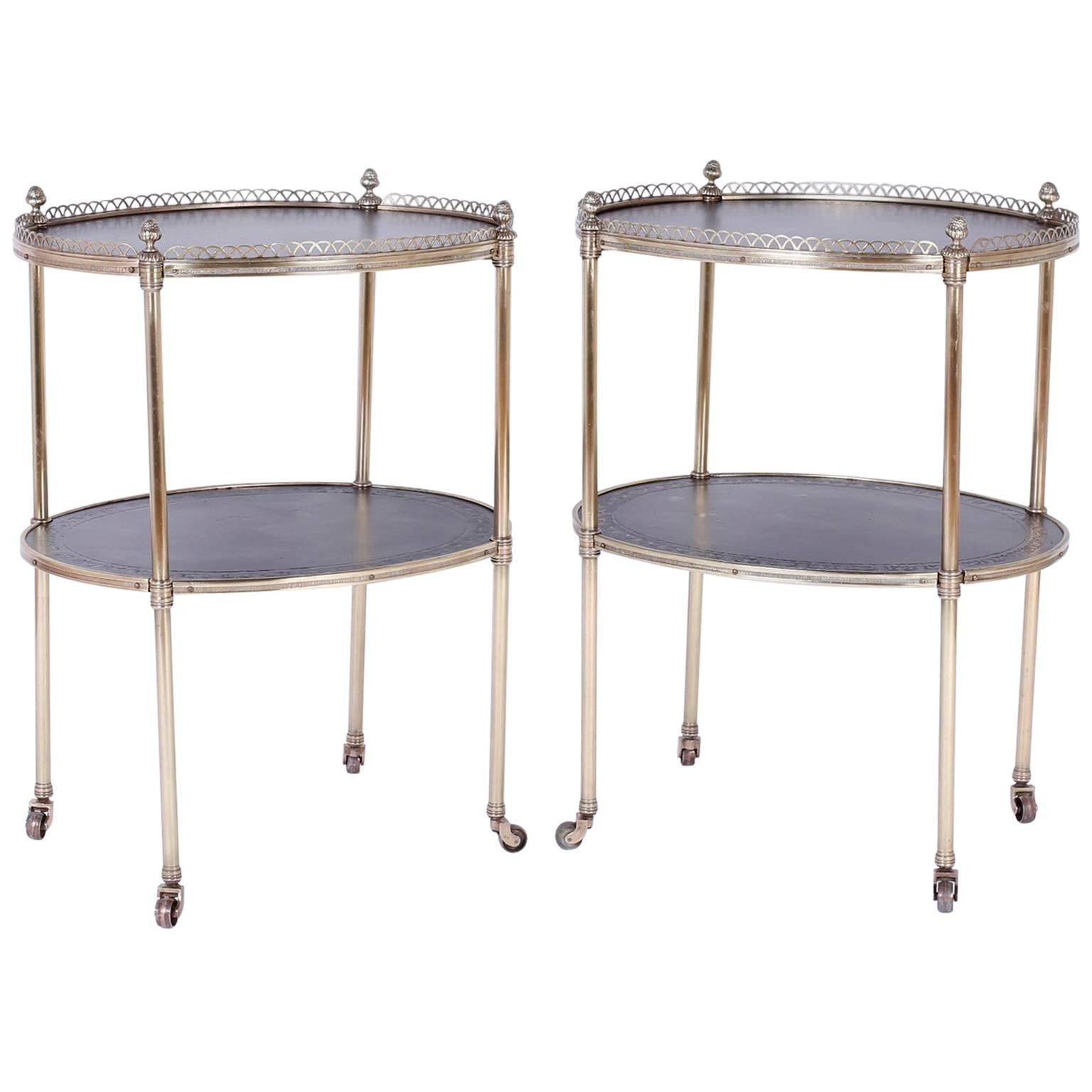 Chic Pair of Midcentury Brass Serving Carts or End Tables