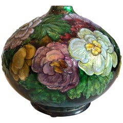 Vintage Camille Fauré Enameled Copper Vase with Floral Decoration, circa 1945