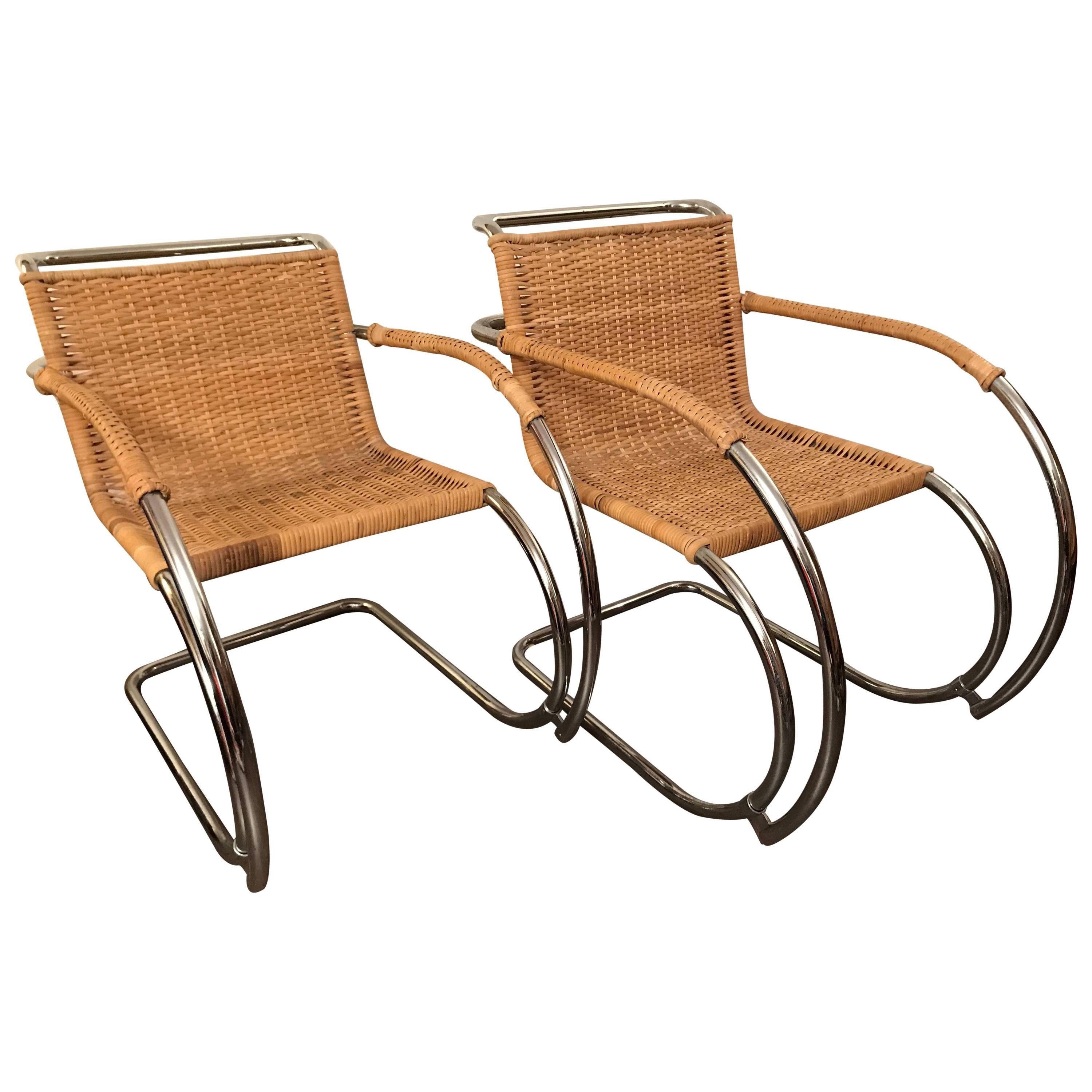 Pair of Mid-20th Century Ludwig Mies van der Rohe MR20 Rattan Chrome Armchairs