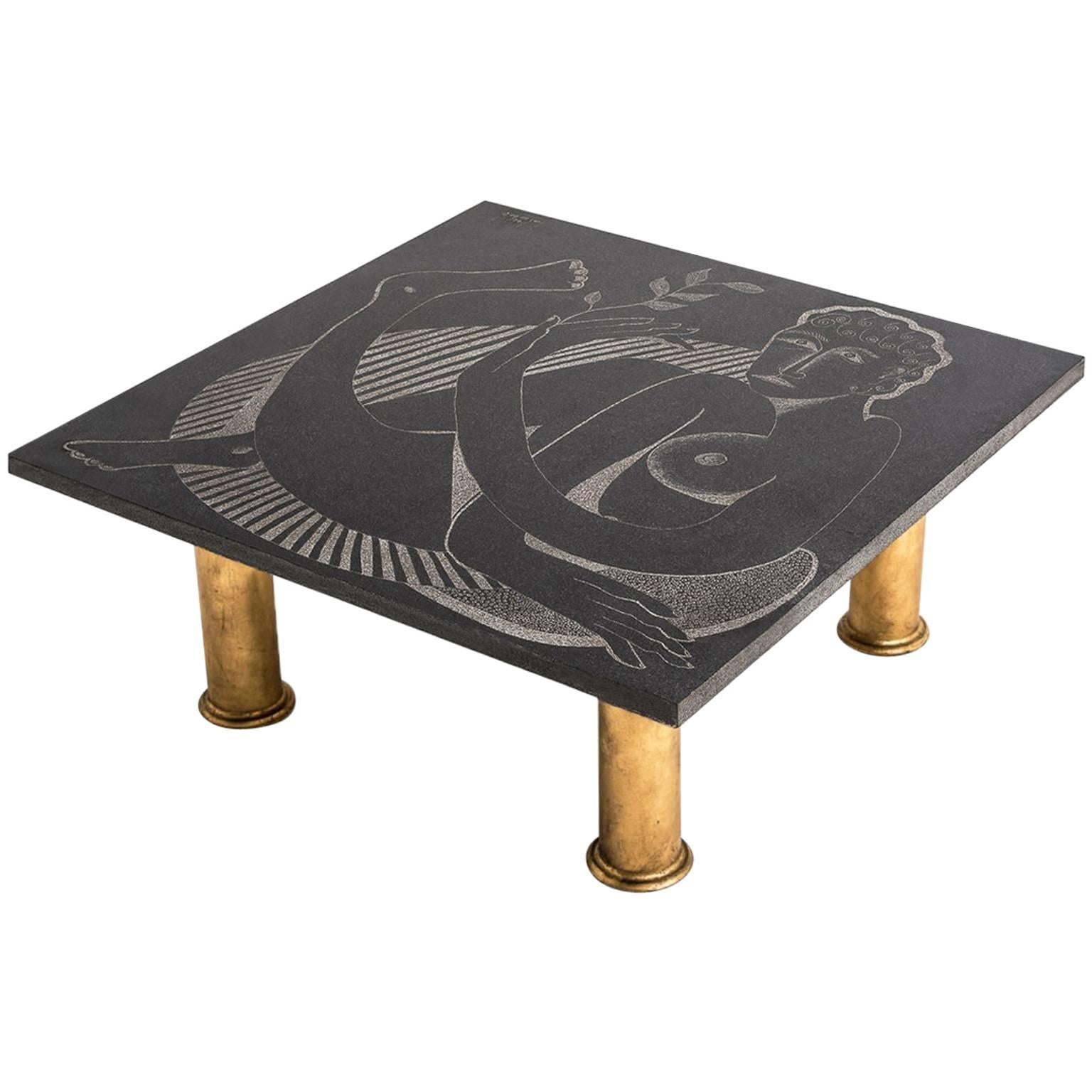 Artistic Engraved Black Granite and Gild Midcentury Coffee Table by Guy de Jong